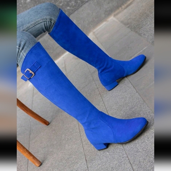Fashion Match Pants,Navy Blue Women Low Heel Side Zipper Suede Knee-High Riding - Picture 5 of 6